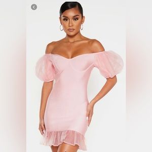 Blush Bandage Chiffon Frill Puff Sleeve Bodycon Dress